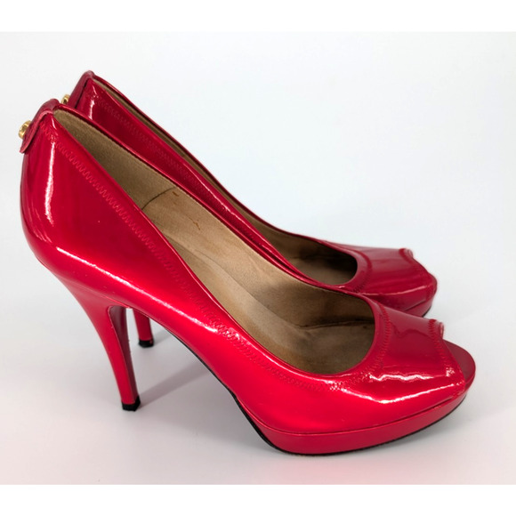 Stuart Weitzman Candy Apple Red Patent Leather Peep Toe Pumps 8M 4.5″ Heel Glam - Picture 4 of 11